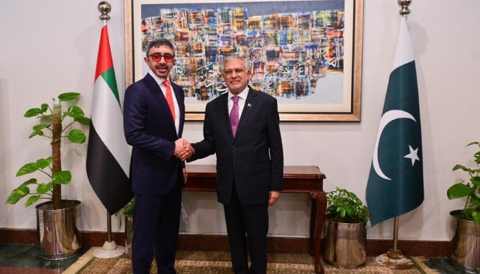 (From left) UAE Foreign Minister Sheikh Abdullah Bin Zayed Al Nahyan and Pakistans Deputy Prime Minister and Foreign Minister Mohammad Ishaq Dar shake hands. — APP/File