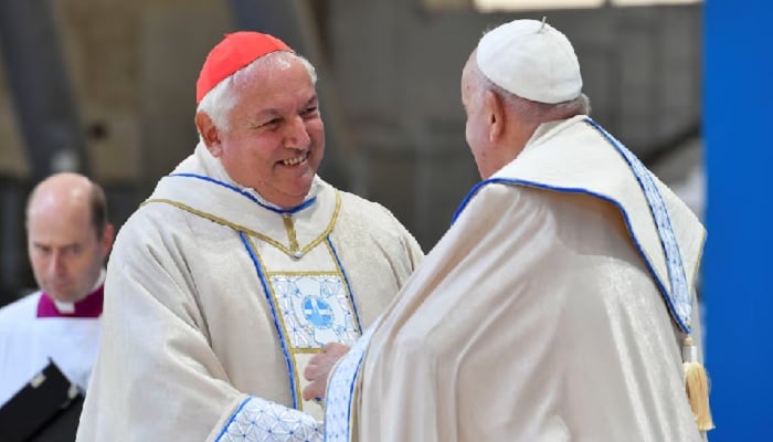 Pope Francis speaks to Marseilles archbishop Cardinal Jean-Marc Aveline, at a mass at the Velodrome Stadium, as a part of his journey on the occasion of the Mediterranean Meetings (MED 2023) in Marseille, France, September 23, 2023. — Reuters