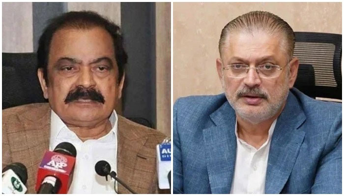 PMs Adviser on Political Affairs Rana Sanaullah (left) and Sindh Senior Minister Sharjeel Inam Memon addressing the media. — APP/Facebook/SharjeelInamMemon/File