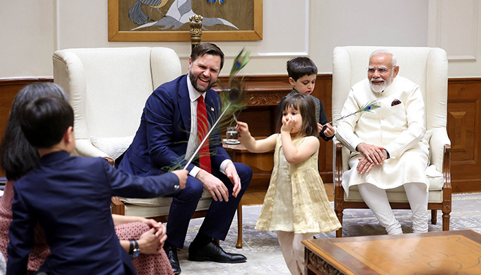 Indias Prime Minister Narendra Modi meets US Vice President JD Vance, second lady Usha Vance and their children at his residence in New Delhi, India, April 21, 2025. — Reuters