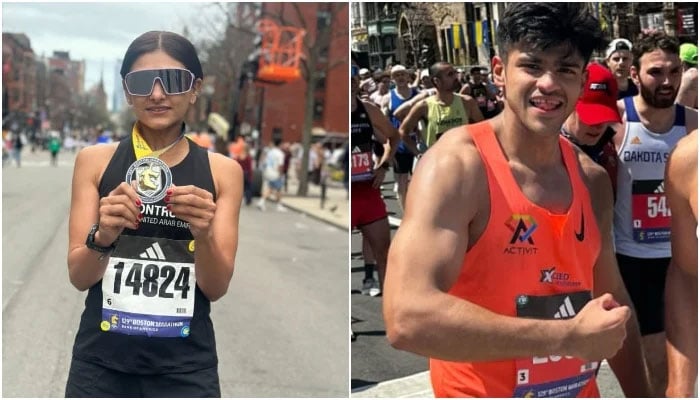 Pakistani runners — Sara Lodhi (left) and Amin Mukaty — celebrating after they won as the fastest male and female finishers at the Boston Marathon on April 21, 2025. — Reporter