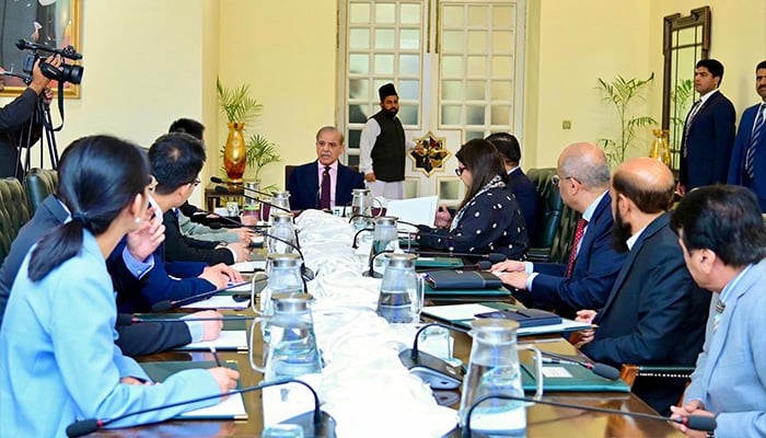 A delegation of Chinese company, Galaxy Space, calls on PM Shehbaz Sharif on April 22, 2025. — PID