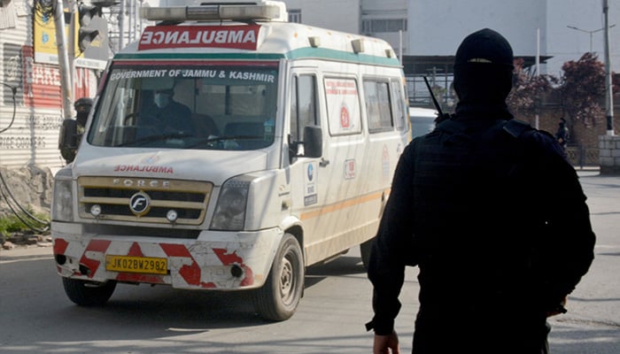 An ambulance carrying the bodies of tourists, who were killed in a suspected militant attack, is seen near Pahalgam, arrive at the police control room in Srinagar, Indian Illegally Occupied Jammu and Kashmir on April 23, 2025. — Reuters