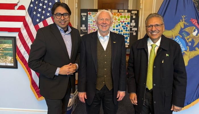 US Congressman Jack Bergman alongside former president of Pakistan Dr Arif Alvi and PTIs Shahbaz Gill. — X/@@RepJackBergman