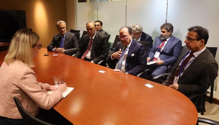 Federal Minister for Finance and Revenue Senator Muhammad Aurangzeb (centre) meets with the commercial team of Moodys during the IMF-World Bank Spring Meetings in Washington, DC, US. — PID/File