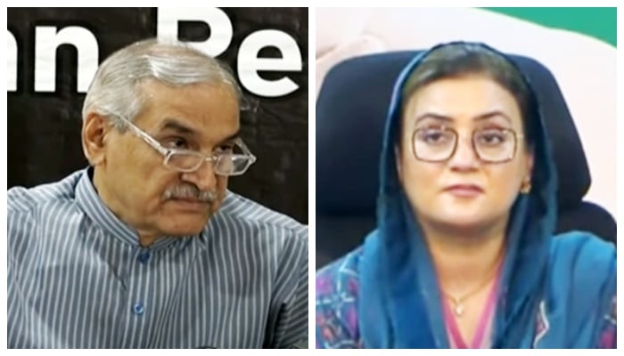 Punjab Information Minister Azma Bukhari (right) and  PPP leader Chaudhry Manzoor during press conferences in Lahore and Islamabad, respectively, on April 23, 2025. — Screengrab/GeoNews