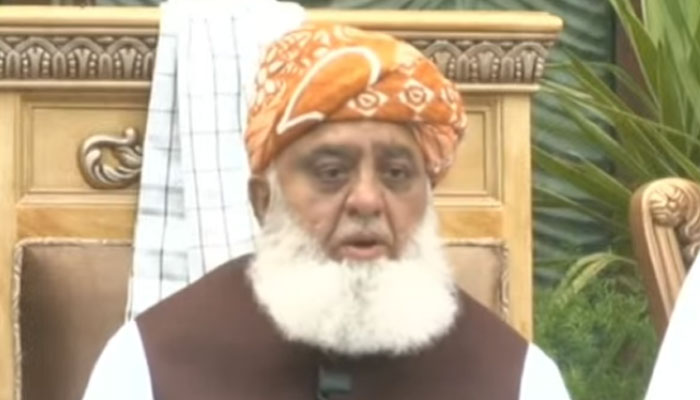 Jamiat Ulema-E-Islam-Fazl (JUI-F) Maulana Fazlur Rehman addresses the press conference after the Majlis-e-Soora meeting in Lahore, April 23, 2025.-Screengrab via YouTube / Geo News
