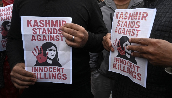 Kashmiri Muslims protest to condemn the killing of tourists by gunmen in Pahalgam, about 90km from Srinagar, IIOJK, on April 23, 2025. — AFP