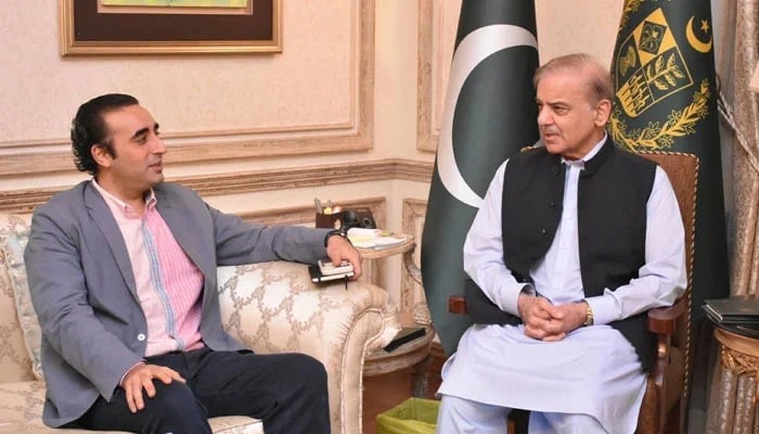 PM Shehbaz Sharif (right) meets PPP Chairman Bilawal Bhutto Zardari on October 27, 2024. — PID