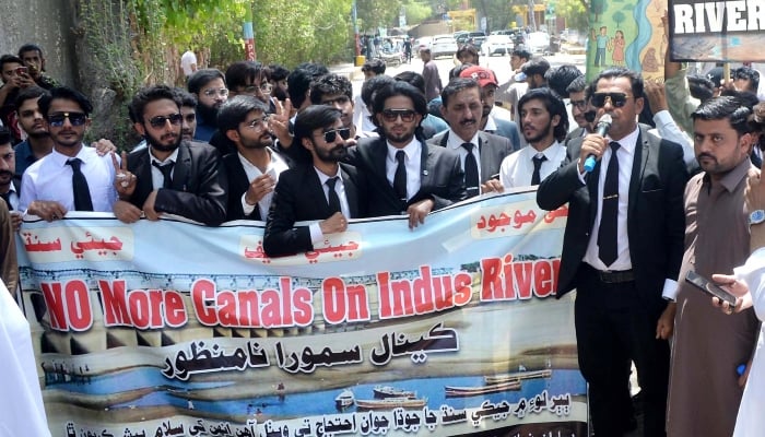 Law students stage a protest against proposed construction of canals over river Indus outside HPC, April 24, 2025. — INP