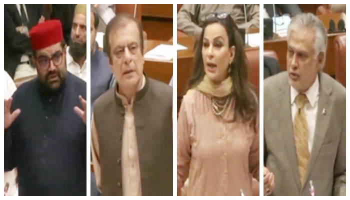 (Left to right) ANP President Aimal Wali, Leader of the Opposition in the Senate, Shibli Faraz, PPP Senator Sherry Rehman, Foreign Minister Ishaq Dar addressing the Senate session on April 25, 2025. —Screengrab/ Geo News