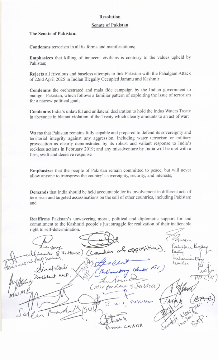 Senate passes resolution rejecting Indias claims linking Pakistan to Pahalgam attack