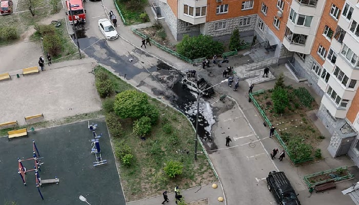 Law enforcement officers work at the site of a car bomb, which killed a senior Russian military officer, in Balashikha, outside Moscow, Russia, April 25, 2025. — Reuters