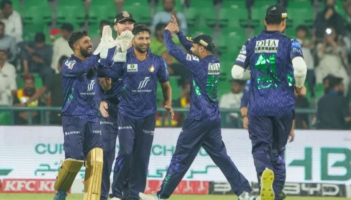 Gladiators Khurram Shahzad celebrates with team after picking wicket during the Pakistan Super League (PSL) 10 match against Karachi Kings at the Gaddafi Stadium in Lahore on April 25, 2025. — PCB