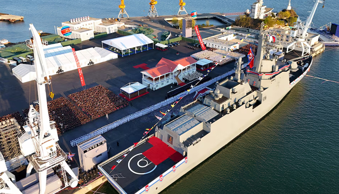 An aerial view during a ceremony for launching a new multipurpose destroyer, as per state media KCNAs reports, in Nampo, North Korea, in this handout picture released on April 26, 2025, by the Korean Central News Agency. — KCNA via Reuters