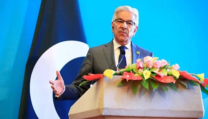 Defence Minister Khawaja Asif speaks during a joint news conference after the 1st China-Afghanistan-Pakistan Foreign Ministers Dialogue in Beijing, China, on December 26, 2017. — Reuters