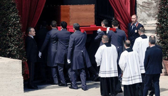 The coffin of Pope Francis is seen being taken inside St. Mary Major Church in Rome, Italy on April 26, 2025. — Reuters