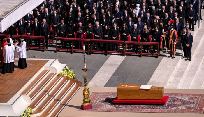 Francis’ coffin during the funeral ceremony at St. Peter’s Square in the Vatican on April 26, 2025. — AFP