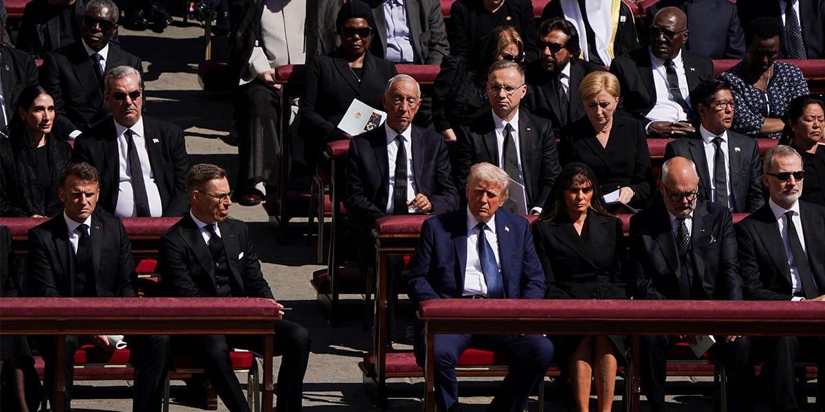 US President Donald Trump, first lady Melania Trump, Polands President Andrzej Duda, Portugals President Marcelo Rebelo de Sousa, French President Emmanuel Macron and Spains King Felipe attend the funeral Mass of Pope Francis in St Peters Square at the Vatican, April 26, 2025. — Reuters