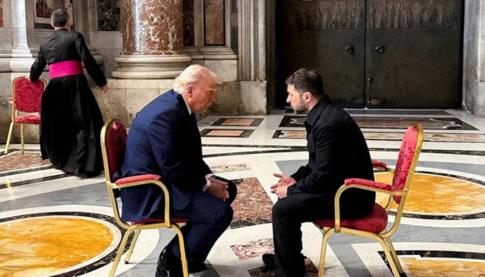 Ukraines President Volodymyr Zelenskiy and US President Donald Trump meet, while they attend the funeral of Pope Francis, at the Vatican April 26, 2025. — Reuters