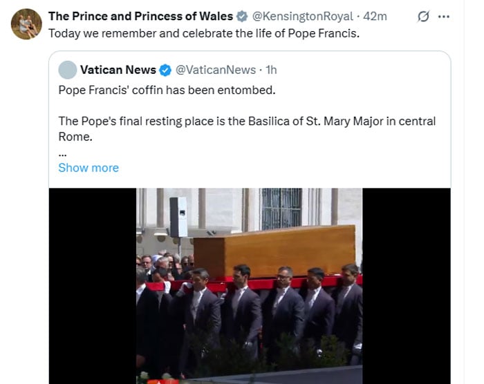 Prince William pays tribute to Pope Francis after funeral