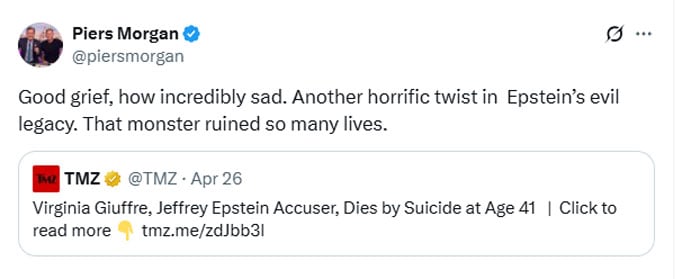 Piers Morgan finally reacts to Virginia Giuffres death