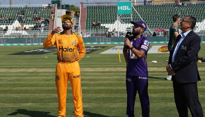 Peshawar Zalmis Babar Azam and Quetta Gladiators Saud Shakeel at the toss for their PSL 10 match at the Rawalpindi Cricket Stadium in Rawalpindi on April 12, 2025. — PCB