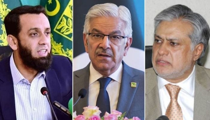 (From left to right) Minister for Information Attaullah Tarar, Defence Minister Khawaja Asif and Deputy Prime Minister and Foreign Minister Ishaq Dar. — APP/File