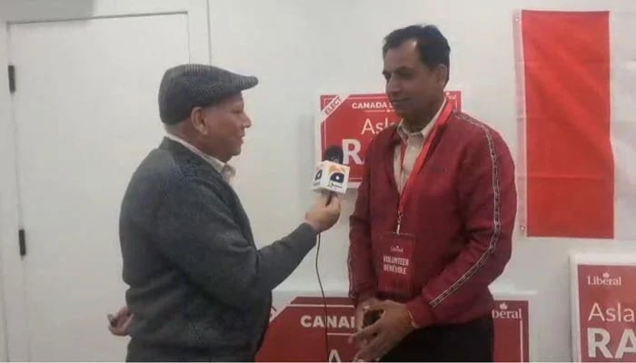 Liberal Partys Rana Aslam speaking to Geo News in Canada. —Reporter