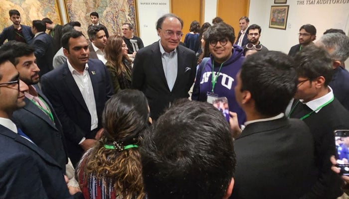 Finance Minister Muhammad Aurangzeb interacts with the attendees of the Pakistan Conference 2025 at Harvard University in US on April 28, 2025. — Facebook@FinanceMinistryPK