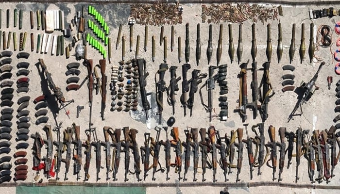 Weapons seized from the slain terrorists during the three-day operation displayed. — ISPR