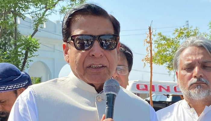 PPP leader and former PM Raja Pervaiz Ashraf speaks to the media on April 11, 2025. — Facebook@PervezAshrafPPP