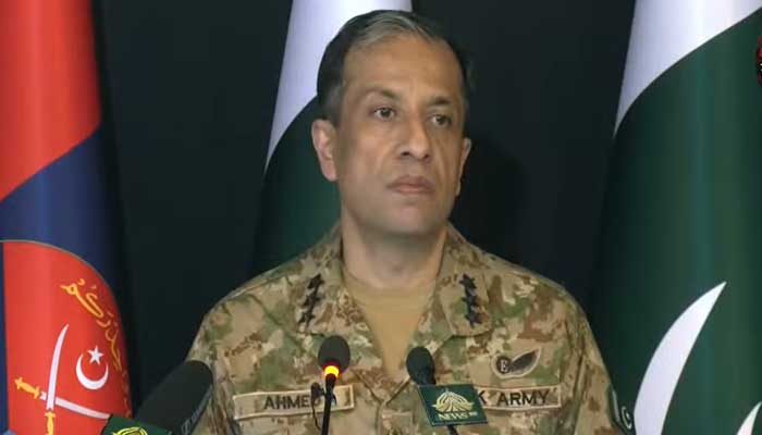 Director-General (DG) of Inter-Services Public Relations (DG ISPR) Lieutenant General Ahmed Sharif Chaudhry addresses press conference at General Headquarters, Rawalpindi, April 29, 2025. — Screengrab via YouTube/Geo News