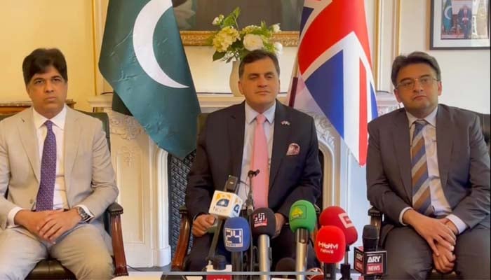 Pakistan’s High Commissioner to the United Kingdom Dr Muhammad Faisal addresses press conference in London, United Kingdom, April 29, 2025. — Reporter