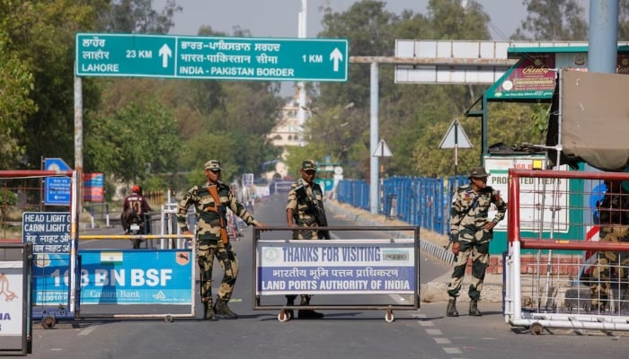 Border Security Force (BSF) security personnel stand guard at the Attari-Wagah crossing on the India-Pakistan border in Amritsar, following an attack on tourists near IIOJKs scenic Pahalgam, India, April 25, 2025. — Reuters