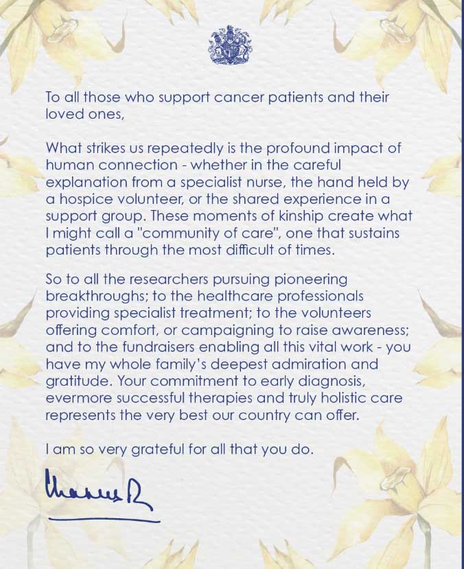 King Charles offers royal familys gratitude to those who support cancer patients