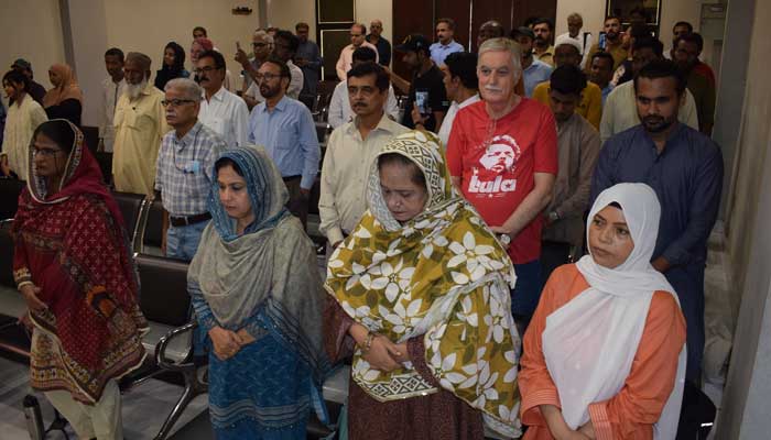 Gathering at Karachi Press Club brought together a coalition of trade unionists, government officials, and international labour activists on April 30, 2025. — Facebook/PILERPakistan