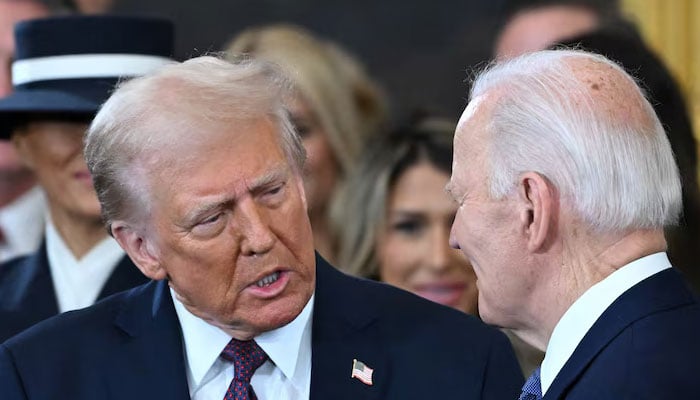 Former US president Joe Biden looks on as US President Donald Trump arrives during the inauguration ceremony before Trump is sworn in as the 47th US President in the US Capitol Rotunda in Washington, DC, on January 20, 2025. — Reuters