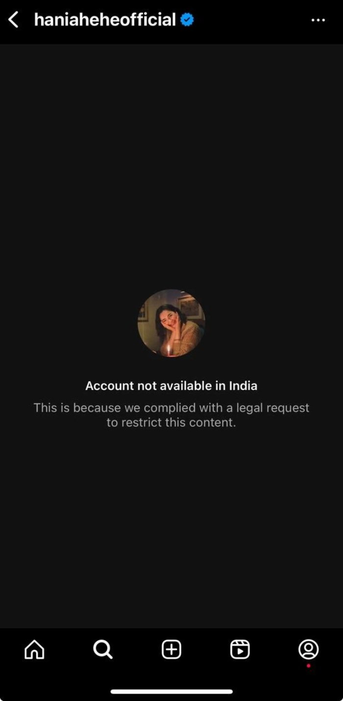 The Instagram account of Pakistani actress Hania Aamir was blocked in India. — Instagram/@haniaheheofficial