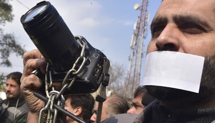 Activists of Khyber Union of Journalist hold protest against PECA Act 2025 at PPC in Peshawar on February 1, 2025. — INP