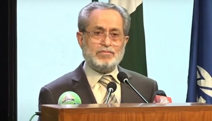 Supreme Court Judge Justice Jamal Khan Mandokhail addressing an event related to Labour Day in Islamabad on May 1, 2025. — Screengrab/YouTube/Geo News