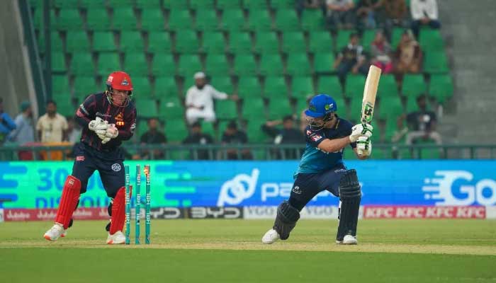 Curtis Campher goes out with bails flowing in the air after Mohammad Nabi strikes in the Pakistan Super League (PSL) 10 clash between Karachi Kings and Multan Sultans at the Gaddafi Stadium in Lahore on May 01, 2025. — PCB