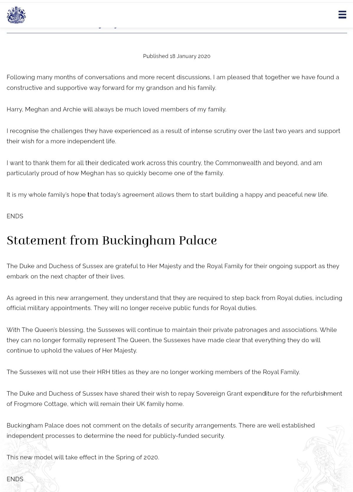 What Buckingham Palace statement said on Meghans use of HRH title