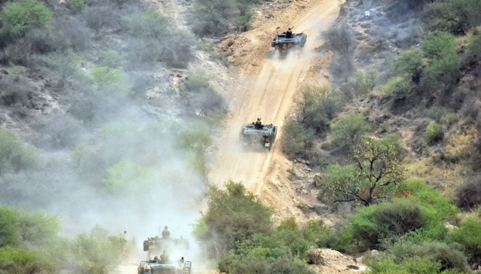 Pakistan Army tanks in action during Exercise Hammer Strike on May 1, 2025. — ISPR