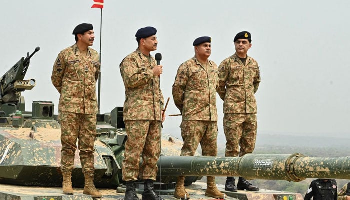 Chief of Army Staff General Asim Munir addresses troops during his visit to Tilla Field Firing Ranges on May 1, 2025. — ISPR