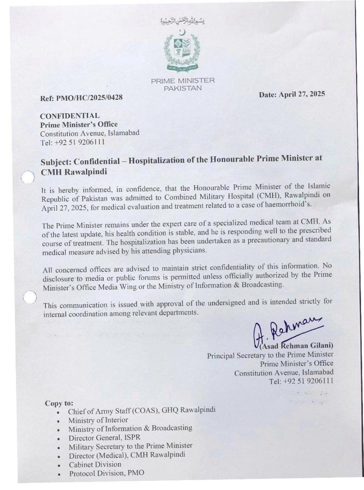 The supposed letter issued by the PMO on April 27.