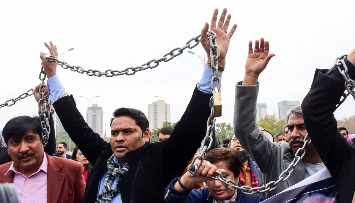 Journalists rally against what they call, curbing press freedom and controlling the digital landscape, during a protest in Islamabad on January 28, 2025. — Reuters