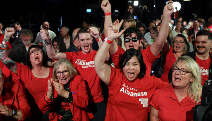 Supporters of Australias Prime Minister Anthony Albanese react at a Labor party election night event, after local media projected the Labor Partys victory, on the day of the Australian federal election, in Sydney, Australia, May 3, 2025.  — Reuters
