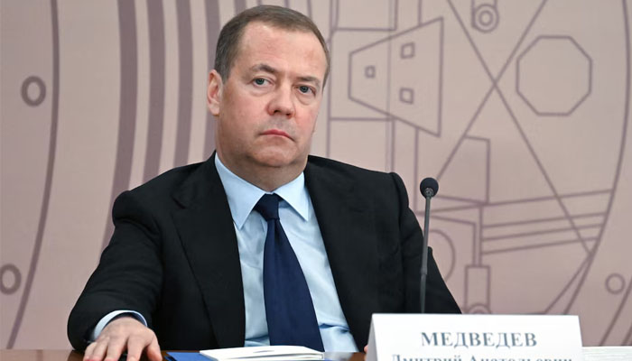 Russias Security Councils Deputy Chairman Dmitry Medvedev attends a meeting of the Council for Science and Education at the Joint Institute for Nuclear Research in the Moscow regions city of Dubna, Russia June 13, 2024 — Reuters
