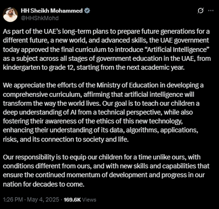 UAE to teach Artificial Intelligence in all govt schools